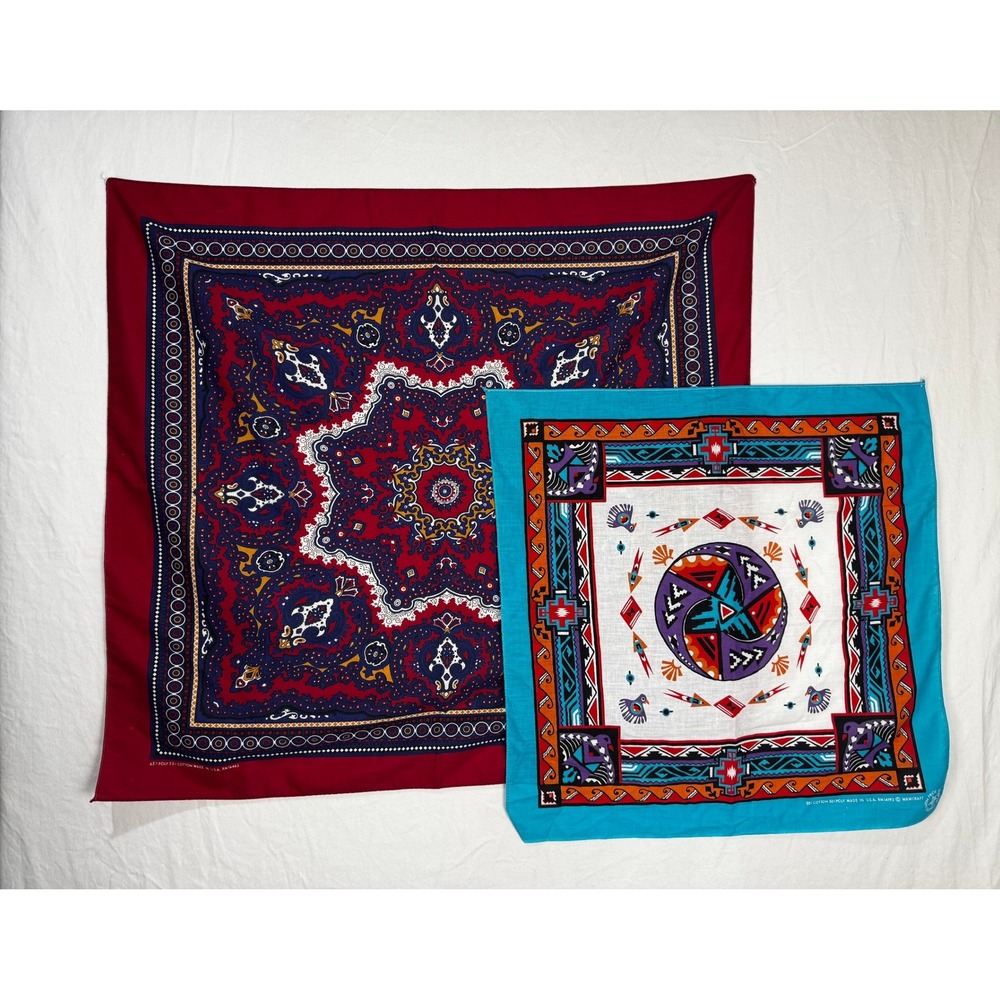 Vtg Wamcraft Bandana Lot 2 Burgundy Paisley Southwestern Turquoise Made in USA